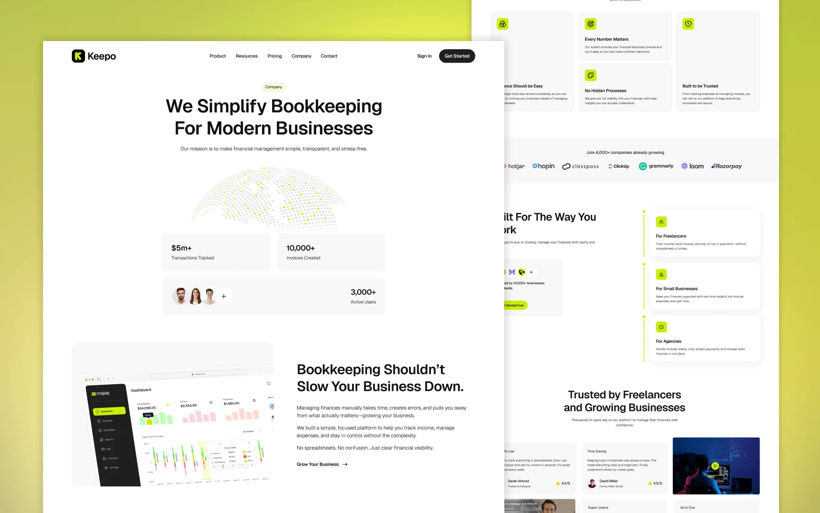 Financial reporting screen preview from the Keepo Framer template